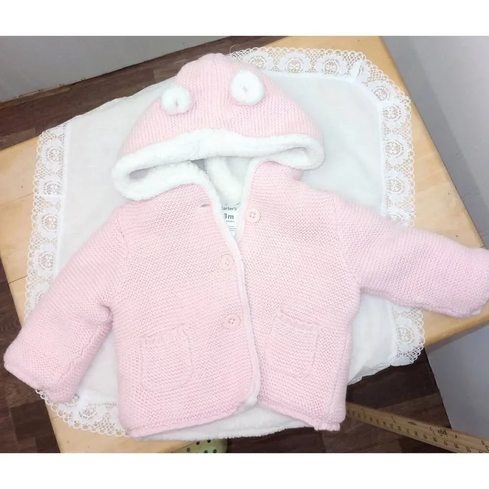 Carters pink knit, Sherpa lined coat 0-3 months girls